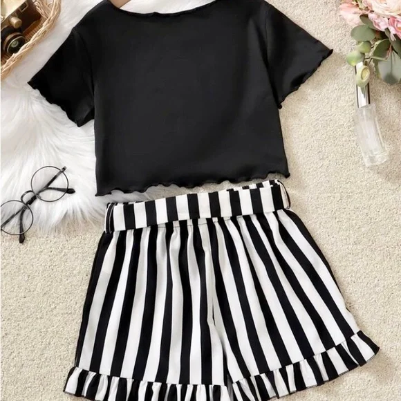2pc Girl “Meow” Outfit With Belt | Black and White Stripes - Picture 3 of 12